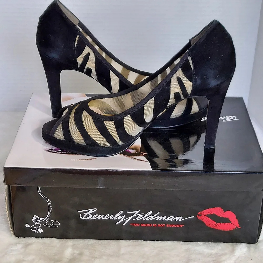 Beverly Feldman Honey2 Black Suede and Mesh Peep Toe Heel - Picture 15 of 16